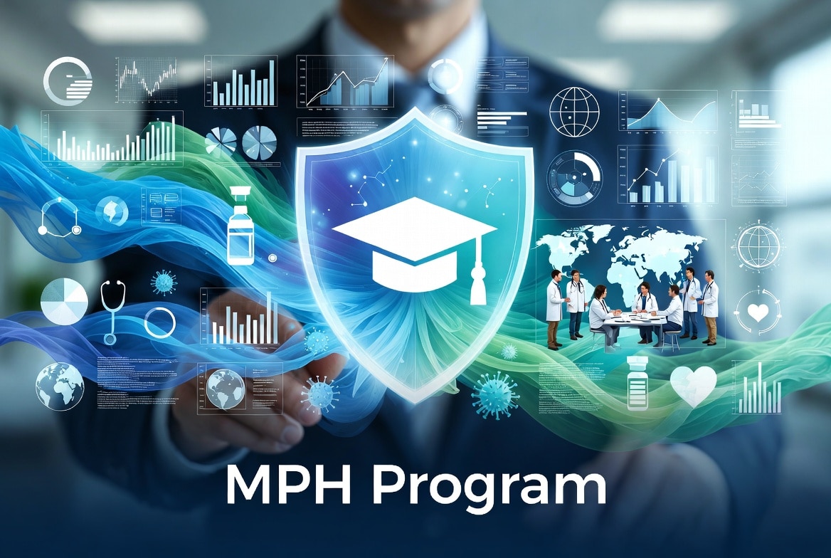 Master of Public Health (MPH) Program visual: modern shield and graduation cap icon with data analytics, global health map, and diverse healthcare professionals representing leadership in public health